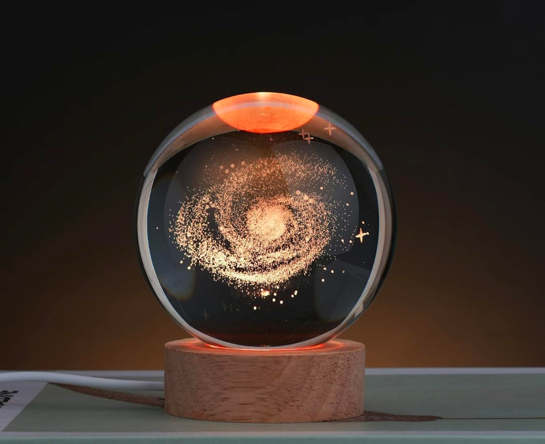 GALAXY – Infinite Wonder Crystal Globe Night Lamp | 3D Laser-Etched Spiral Galaxy, Warm Wood LED Base, Calming Ambient Light for Desk, Bedroom, Studio | Honest Craft, Kind Service 🌌✨🌟�