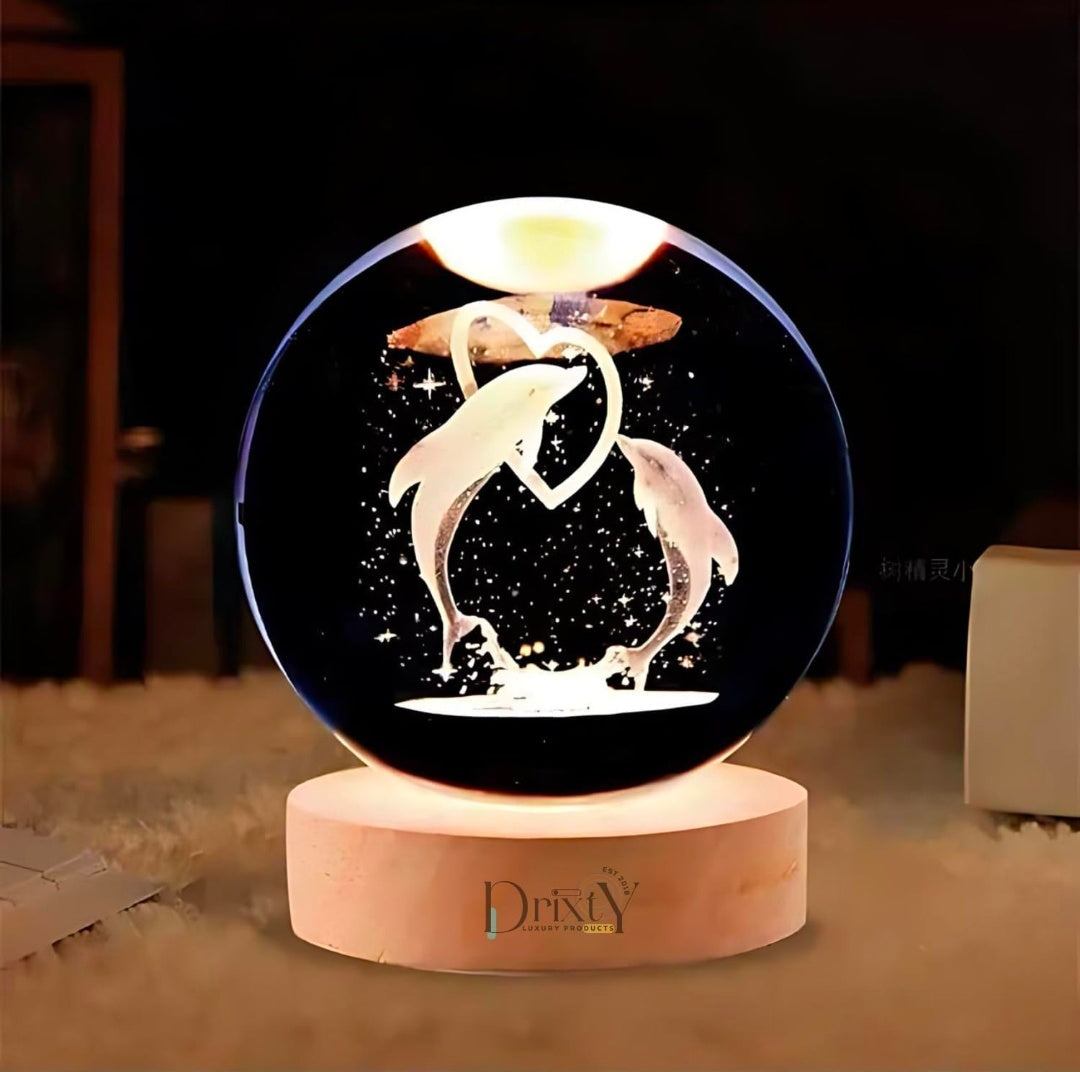 Dolphin Lamp – Ocean Heart Crystal Globe Night Light | 3D Laser‑Etched Dolphins with Floating Heart, Warm Wood LED Base, Calming Gift for Home and Desk 🌊🐬�