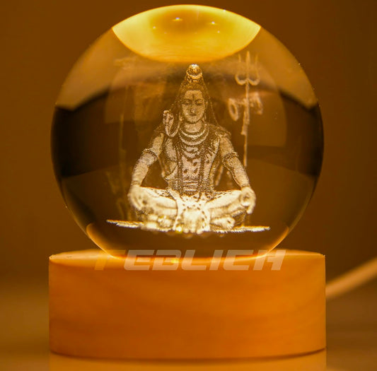 LORD SHIVA – Sacred Serenity Crystal Globe Night Lamp | 3D Laser-Etched Mahadev with Trishul, Warm Wood LED Base, Calm Meditation Light | Honest Craft, Kind Service 🔱🕉️✨🔆👑❤️