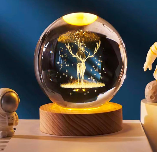 GlowAura™ Deer Crystal Lamp – 3D Laser Engraved Deer Globe with LED Wooden Base, Nature Spirit Night Light & Unique Gift