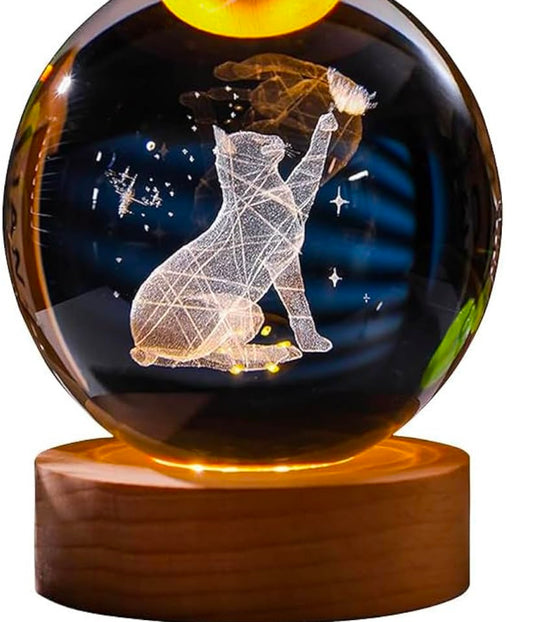 ✨ GlowAura™ Modern Cat Crystal Ball Lamp – 3D Laser Engraved Cat Globe with LED Wooden Base, Ambient Night Light & Elegant Gift for Cat Lovers