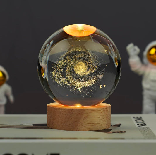 GALAXY – Infinite Wonder Crystal Globe Night Lamp | 3D Laser-Etched Spiral Galaxy, Warm Wood LED Base, Calming Ambient Light for Desk, Bedroom, Studio | Honest Craft, Kind Service 🌌✨🌟�
