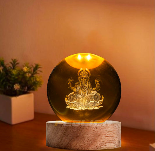 LORD GANESH – Auspicious Blessings Crystal Globe Night Lamp | 3D Laser‑Etched Ganesha, Warm Wood LED Base, Calm Devotional Glow | Honest Craft, Kind Service 🕉️🐘✨🔆👑❤️