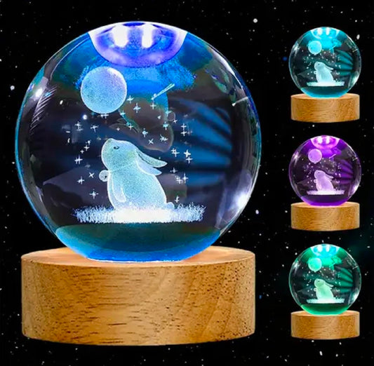 🌙🐇 GlowAura™ Bunny with Moon Crystal Lamp – 3D Laser Engraved Night Sky Design with LED Wooden Base