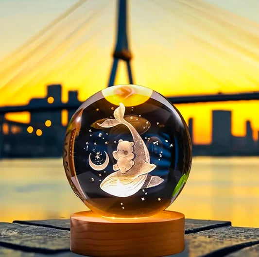 🐬🧸 GlowAura™ Dolphin with Teddy Bear Crystal Lamp – 3D Laser Engraved Ocean & Love Design with LED Wooden Base