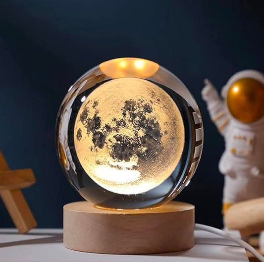 🌙 GlowAura™ Moon Crystal Lamp – 3D Laser Engraved Full Moon Globe with LED Wooden Base, Celestial Night Light & Unique Gift