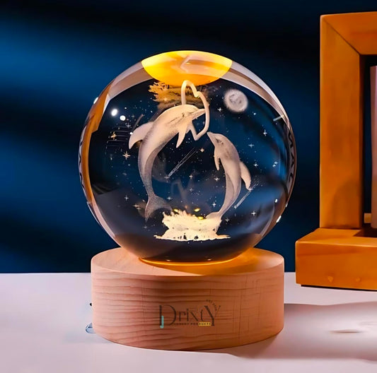 Dolphin Lamp – Ocean Heart Crystal Globe Night Light | 3D Laser‑Etched Dolphins with Floating Heart, Warm Wood LED Base, Calming Gift for Home and Desk 🌊🐬�