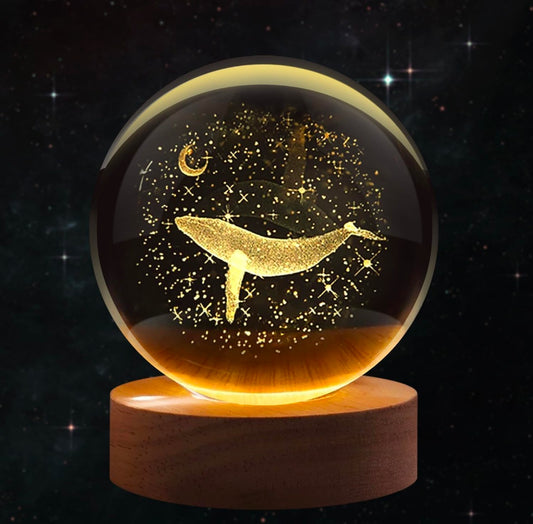 Whale Lamp – Golden Dream Crystal Globe with Warm Wood LED Base | Ocean of Calm, Honest Craft, Gentle Night Light 🌊🐋✨🌙🔆