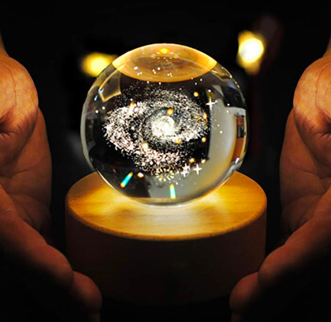 GALAXY – Infinite Wonder Crystal Globe Night Lamp | 3D Laser-Etched Spiral Galaxy, Warm Wood LED Base, Calming Ambient Light for Desk, Bedroom, Studio | Honest Craft, Kind Service 🌌✨🌟�