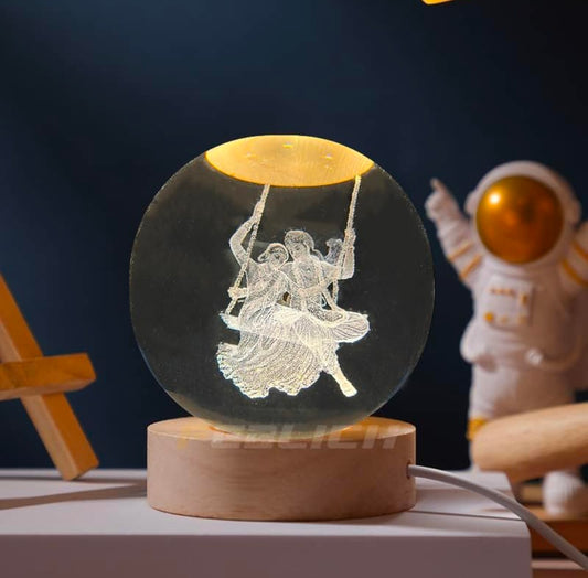 RADHA‑KRISHNA SWING – Divine Joy Crystal Globe Night Lamp | 3D Laser‑Etched Radha‑Krishna on Jhula, Warm Wood LED Base, Serene Ambient Glow | Honest Craft, Kind Service 🕉️🎶✨🔆👑❤️