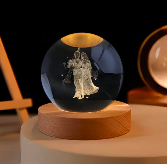 RADHA‑KRISHNA – Divine Harmony Crystal Globe Night Lamp | 3D Laser‑Etched Murli Krishna with Radha, Warm Wood LED Base, Serene Devotional Glow | Honest Craft, Kind Service 🕉️🎶✨🔆👑❤️
